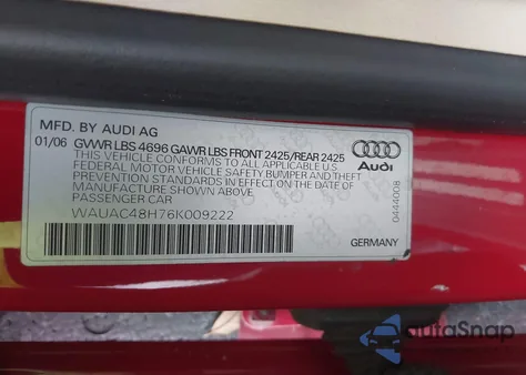 2006 Audi A4 1.8T from USA, damaged, VIN WAUAC48H76K009222